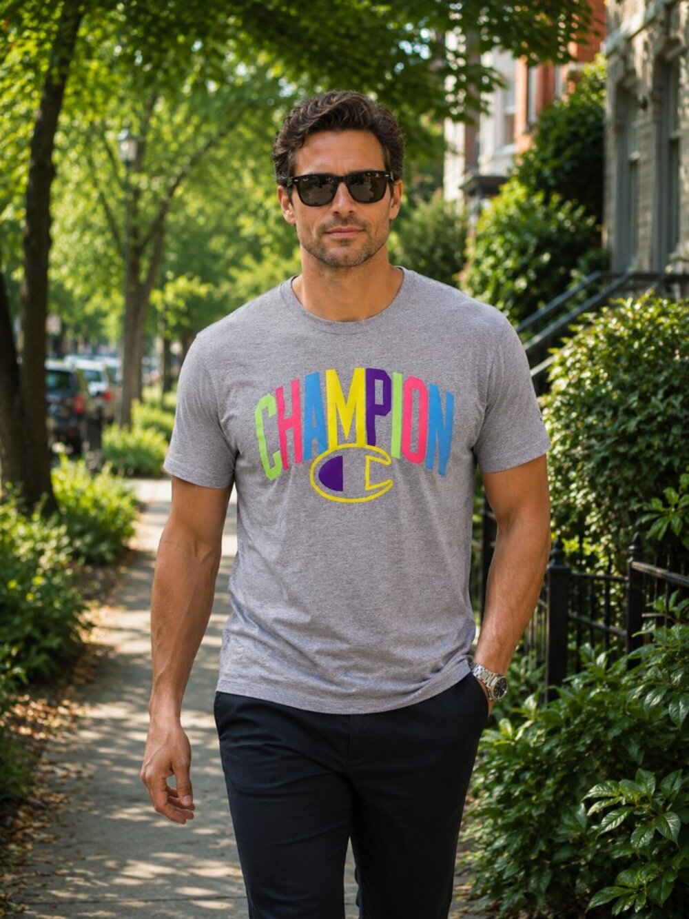 Champion Men's Heather Gray Multicolor Logo Graphic T-Shirt Size XL